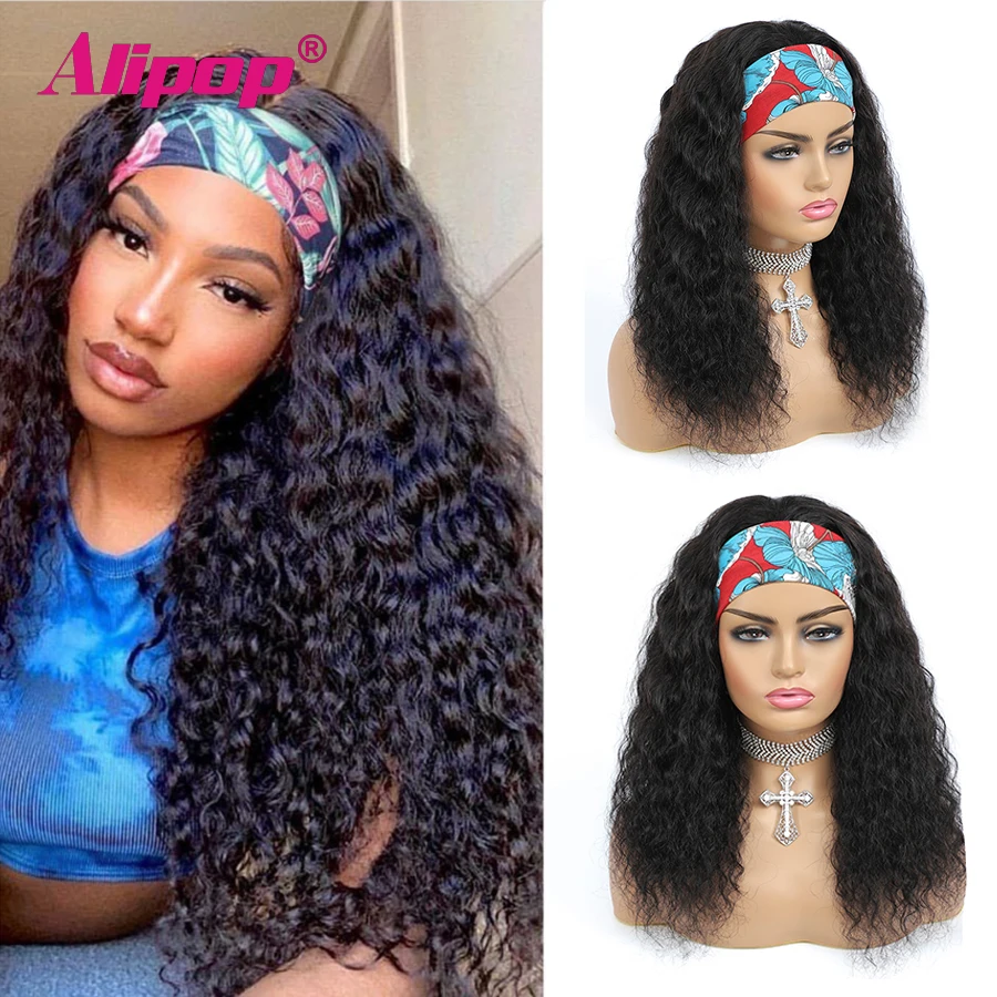 Water Wave Wig Headband Wig Human Hair Wigs For Black Women Brazilian Remy Hair Alipop Curly Wigs Scarf Wig