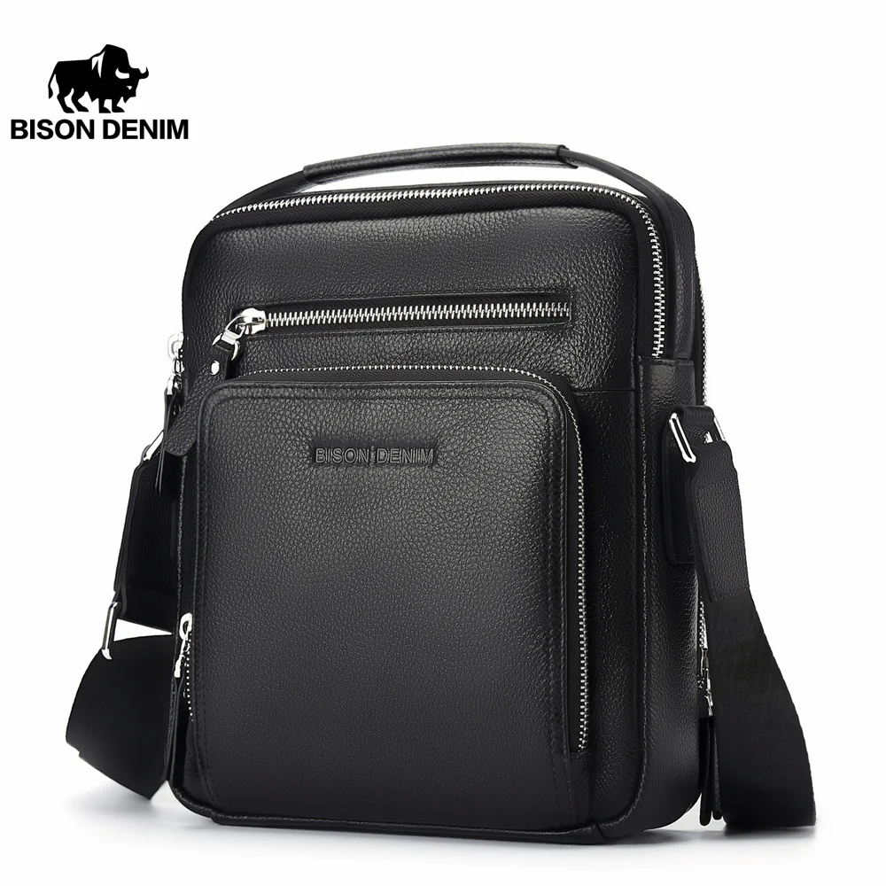 BISON DENIM Genuine Leather Men Bags Ipad Handbags Male Messenger Bag Man Crossbody Shoulder Bag Men\'s Travel Bags N2333