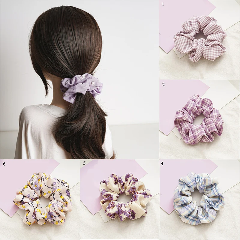 1PCS Sweet Plaid Floral Hair Ties Scrunchies Hair Rope Chiffon Rubber Bands Ponytail Holder Purple Hair Ring Hair Accessories