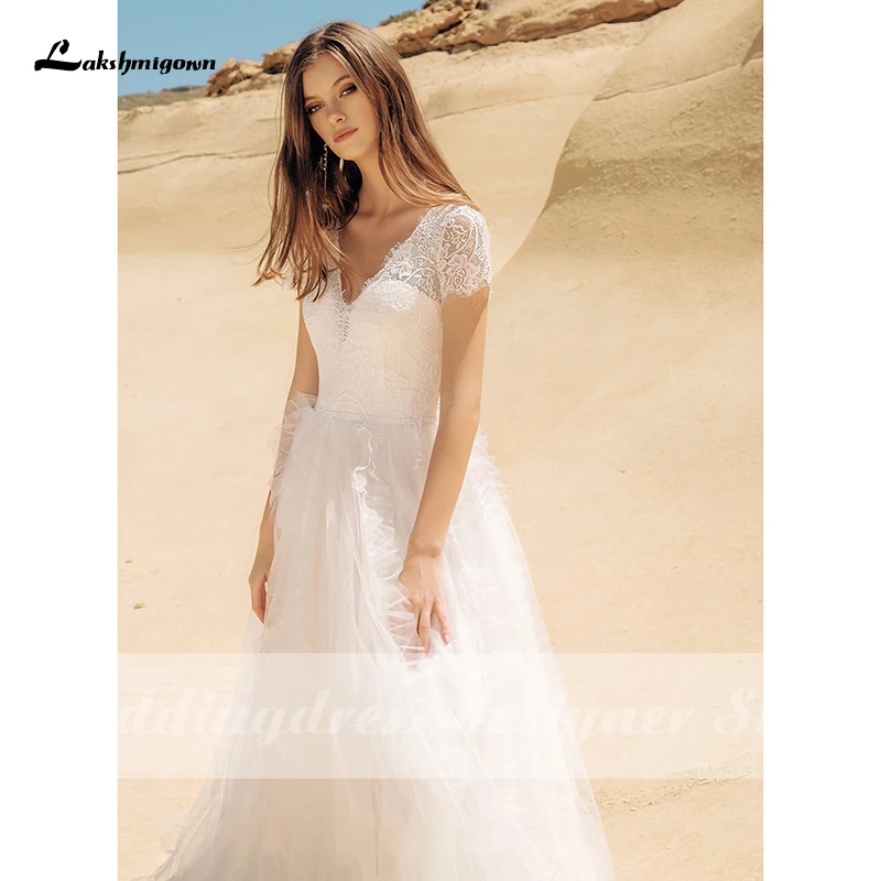 Abito da sposa Fairy Beach abito da sposa 2021 scollo A V manica corta pizzo spiaggia una linea abito da sposa elegante abito da sposa in Tulle