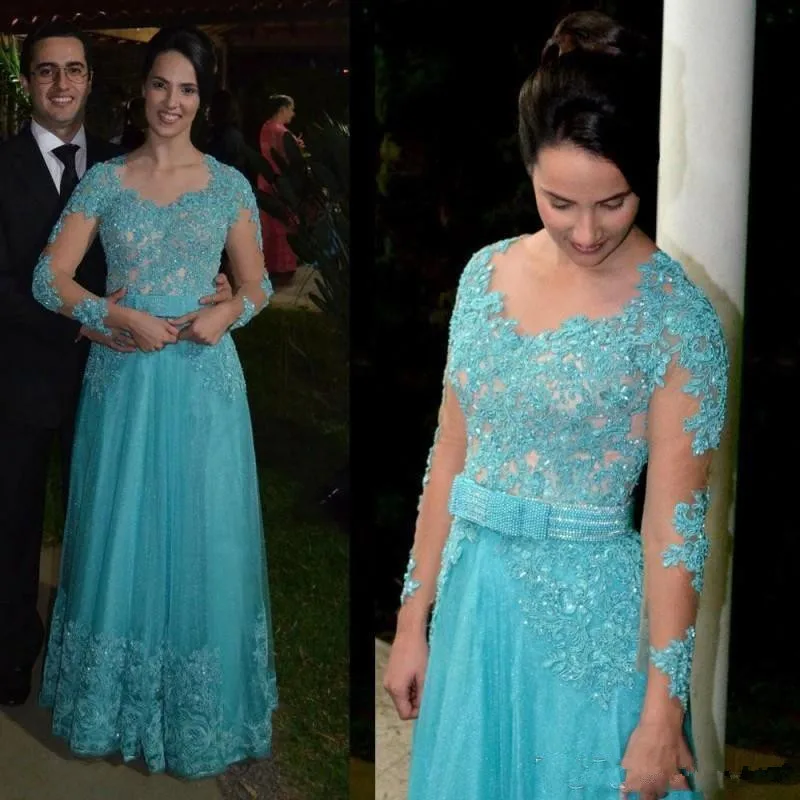 Accesorio de noche vestido con cuello redondo con apliques ilusión manga larga azul encaje vestido de noche botón Atrás vestidos de graduación 2019 vestido de Graduación