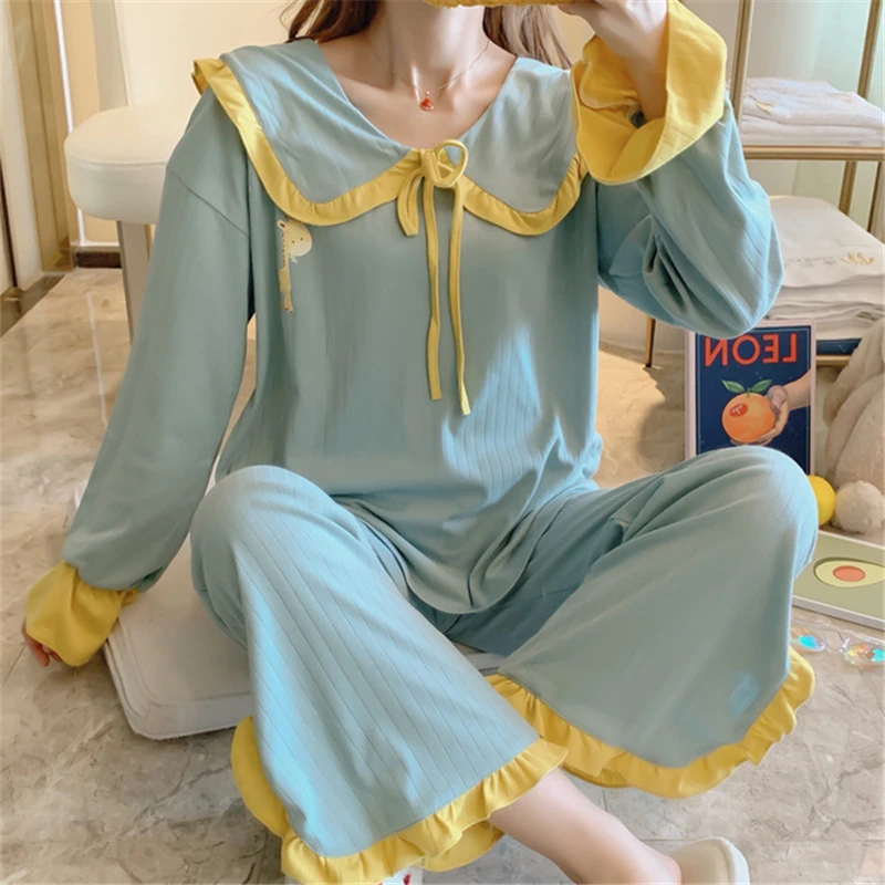 Long-sleeve Pajamas Set Ladies Knitted Cotton New Two-piece Suit  Lapel Home Service Loose Pijamas Simple Sexy Nightgowns