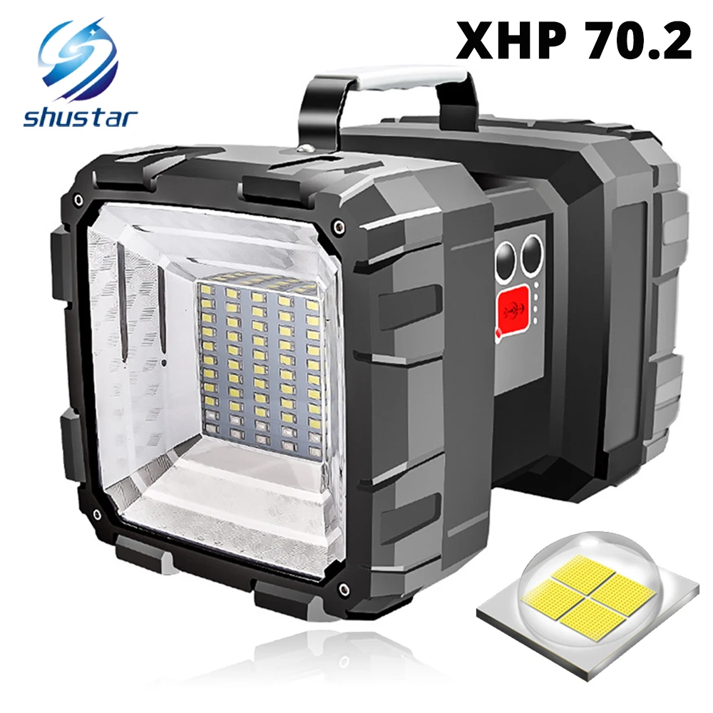 Reflector LED superbrillante recargable, linterna de doble cabeza, foco con lámpara XHP 70,2, resistente al agua, para acampar