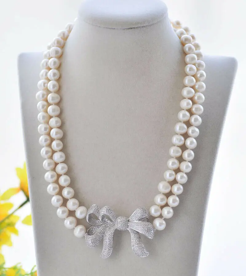 

2Row 20" 8-9mm White Round Freshwater Pearl Necklace CZ Bowknot