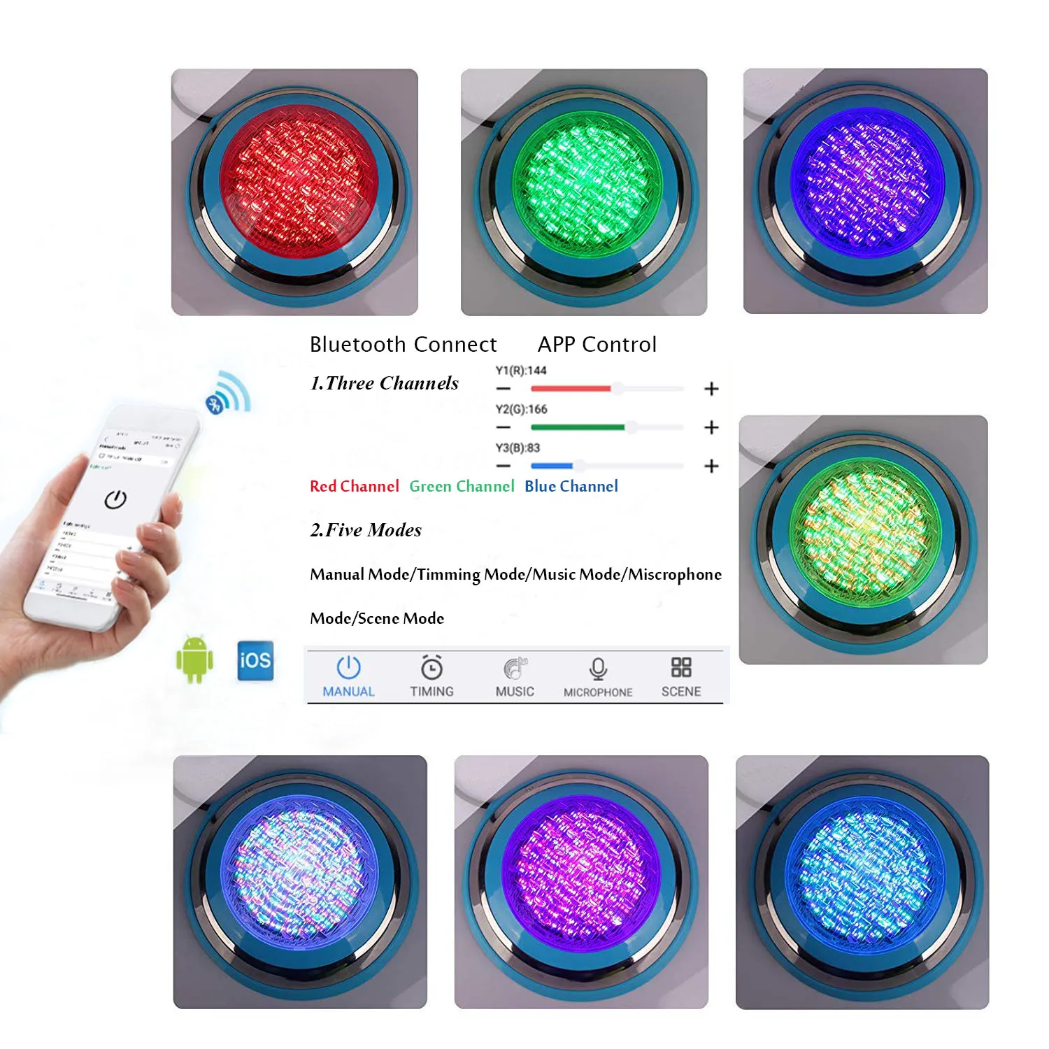 Bluetooth Control Led Pool Light Waterproof IP68 47W RGB Swimming Pool Light with 3M Cord Three Channels Five Operation Modes