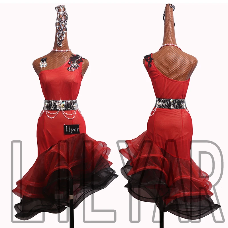 

New Latin Dance Competition Performance Adult Red Diagonal Shoulder Sexy Diamond Dance Dress