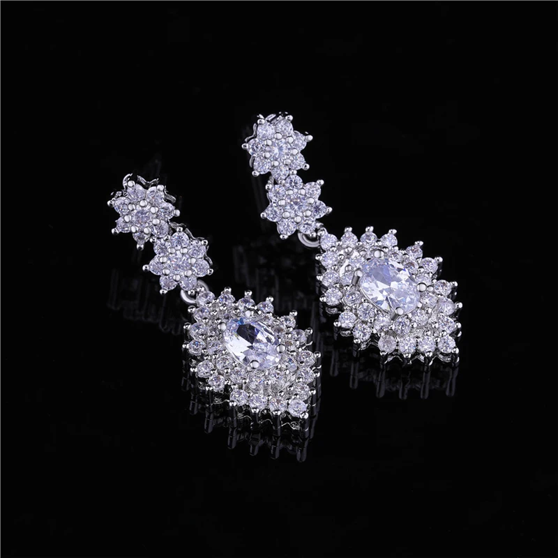 HUAMI Classic Water Drop Earrings Pendant Necklace Sets for Women Jewelry Luxury Material Silver Color Shine Zircon Wedding