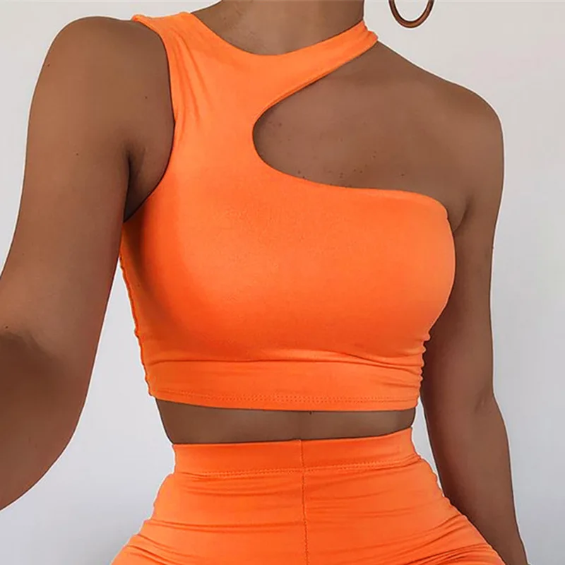 Cut Out Sexy Crop Off Schulter Solide Dünne Sport Kurze Tops Frauen Tank Unregelmäßigen Sommer Rohr Tops – Detail 5