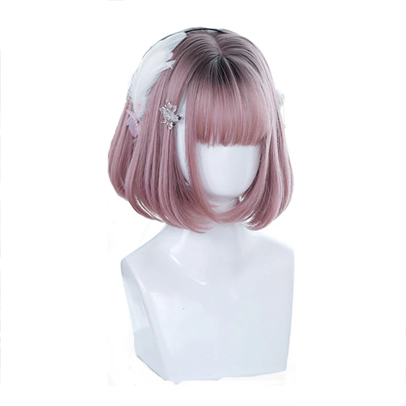 L-email wig Mixed Blue Bob Lolita Wigs with Bangs Short Harajuku Cosplay Wig Pink Wig Heat Resistant Synthetic Hair Party