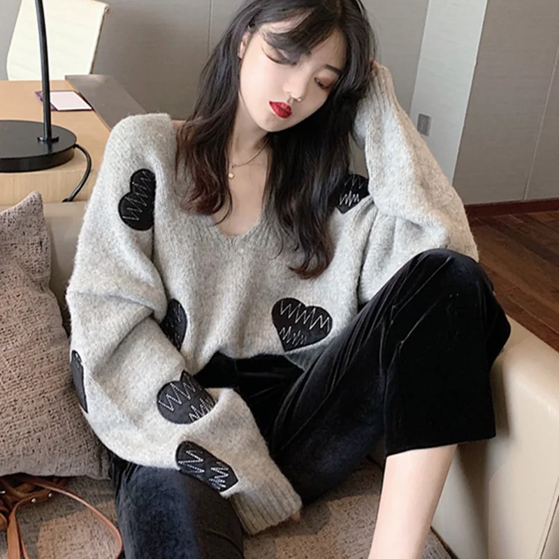 2023 Autumn Winter Women Sweater Korean Love Heart Knitted Pullover Tops Causal Long Sleeve V-neck Pull Femme Casual Cloths