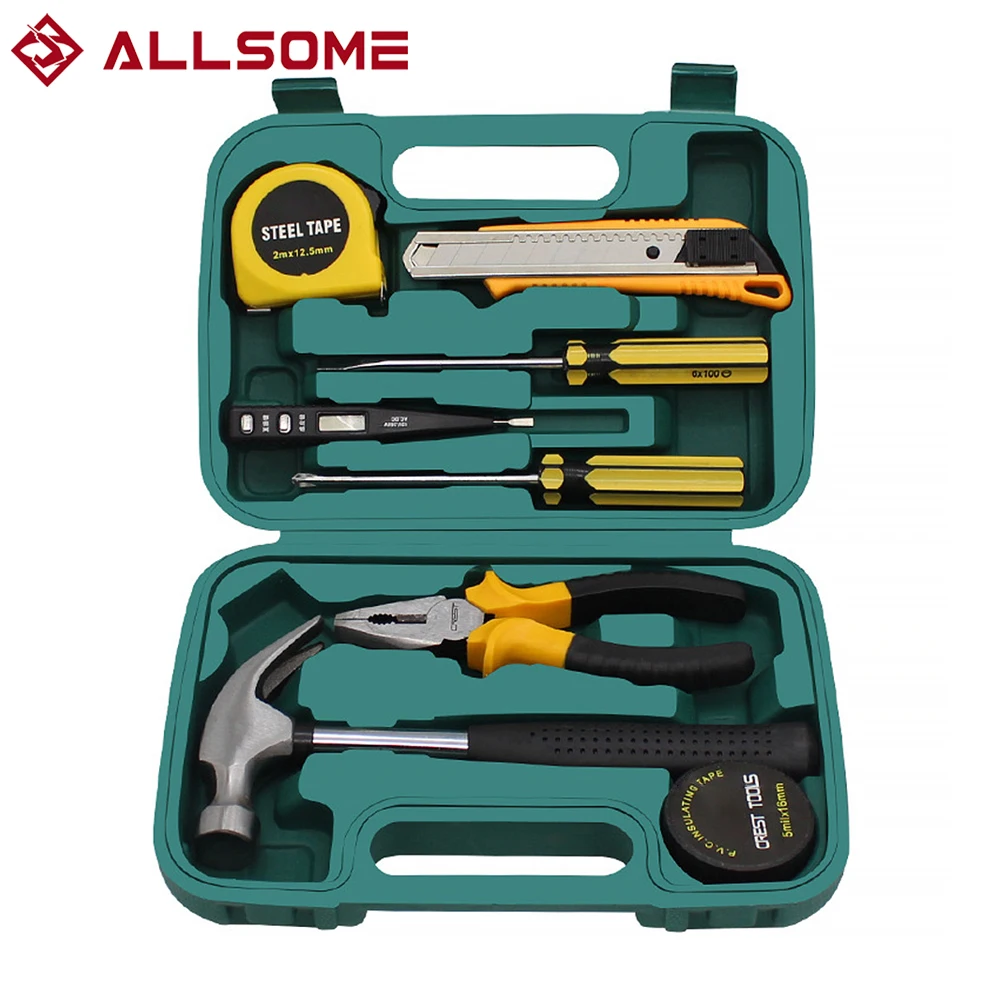 Allsome Carbon Steel 9 Pcs Household Tool  Set Combination Manual screwdriver Set Repair Kit Gift Tool With Box DIY Repair