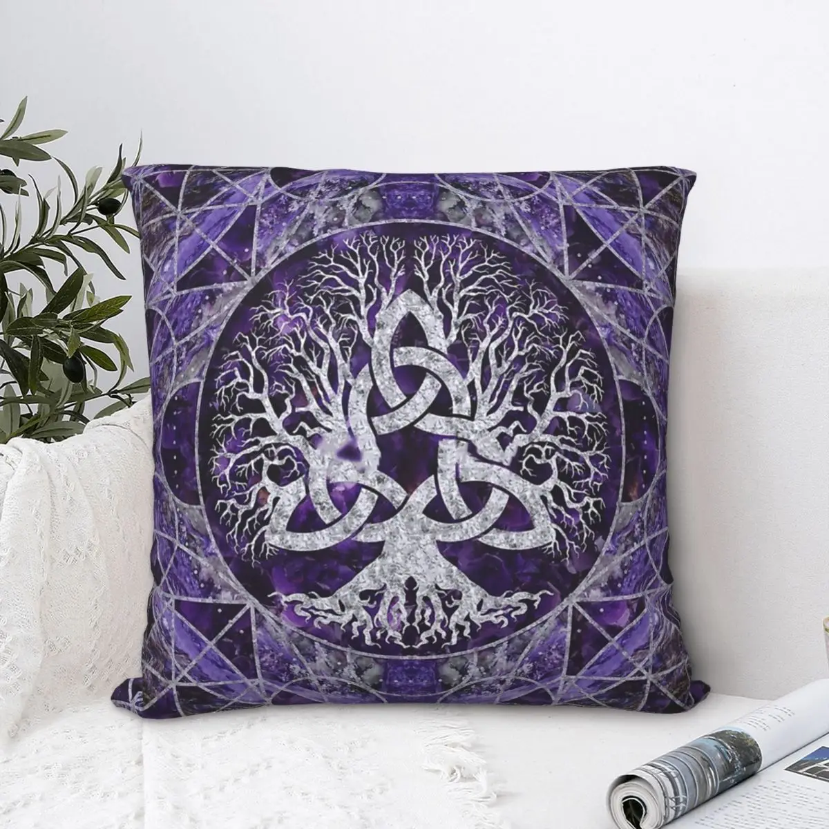 Tree Of Life With Triquetra Amethyst And Silver Polyester Cushion Cover Viking For Livingroom Car Decorative Washable