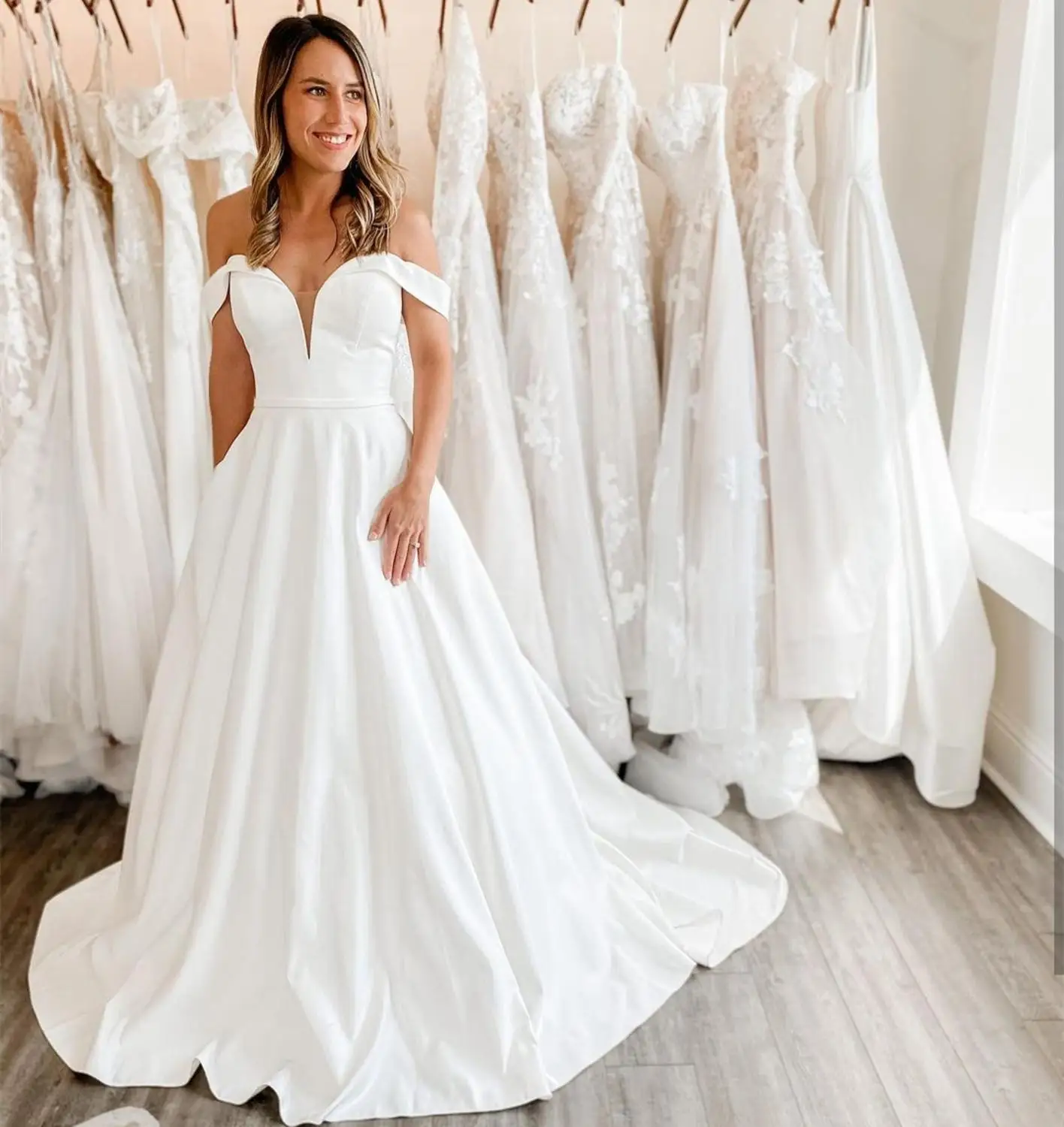 Wedding Dress Sweetheart Floor Length Satin 2021 Off Shoulde Sweep Train Robe De Marie Bridal Gown Simple Charming For Women