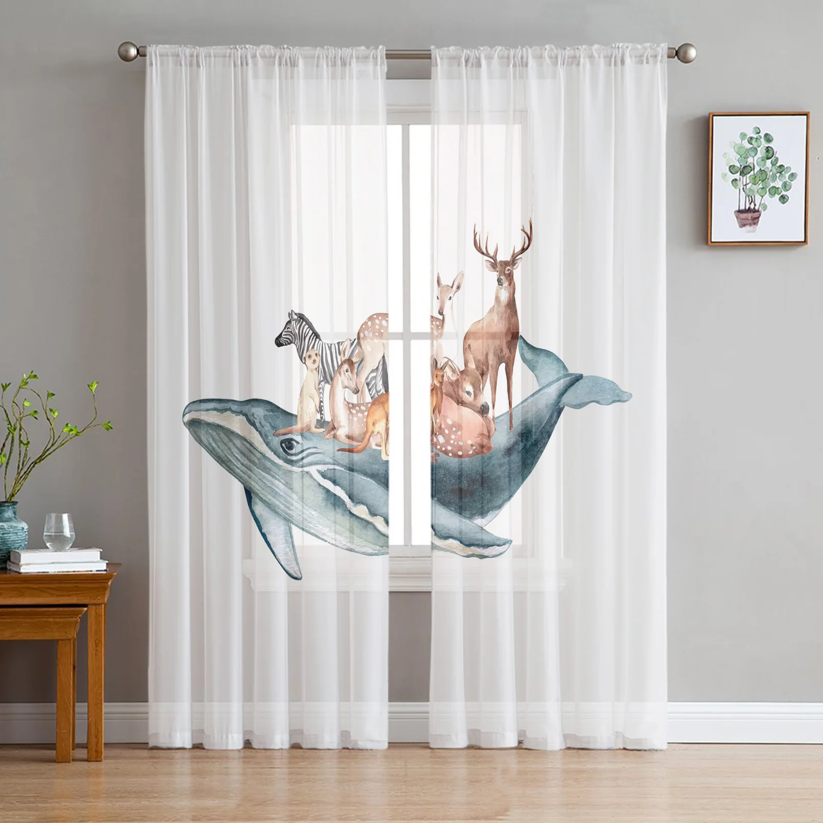 Animal Whale Deer Zebra White Sheer Curtains for Living Room Bedroom Kitchen Tulle for Windows Voile Drapes Home Decoration