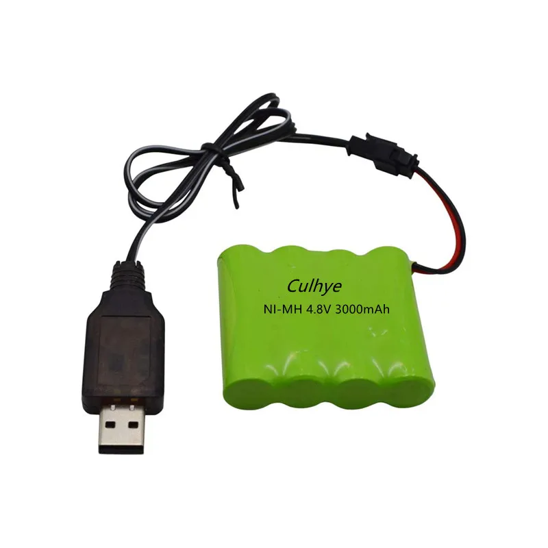 4.8V 3000mAH AA NiMH Rechargeable Battery with SM-2P Connector Plug and USB Charger Cable for RC Vehicle Car Truck Crawler