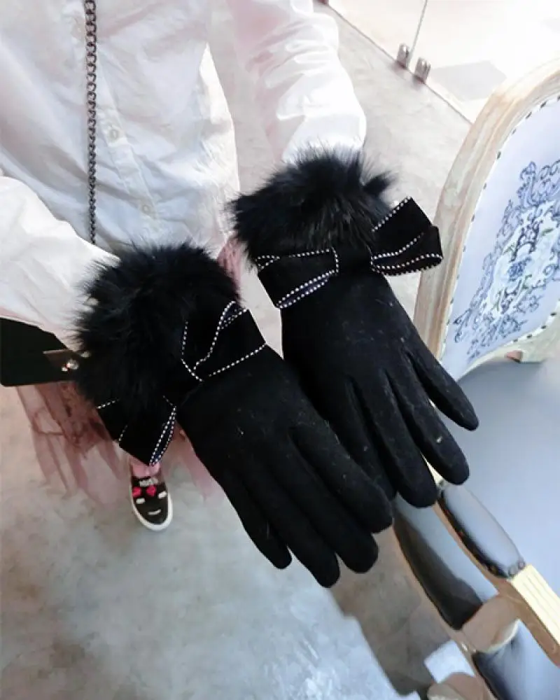 

Bowknot Rabbit Fur Mouth Cashmere Gloves Korean Fashion Ladies Winter Warmth Thickening Finger Touch Screen Gloves Women