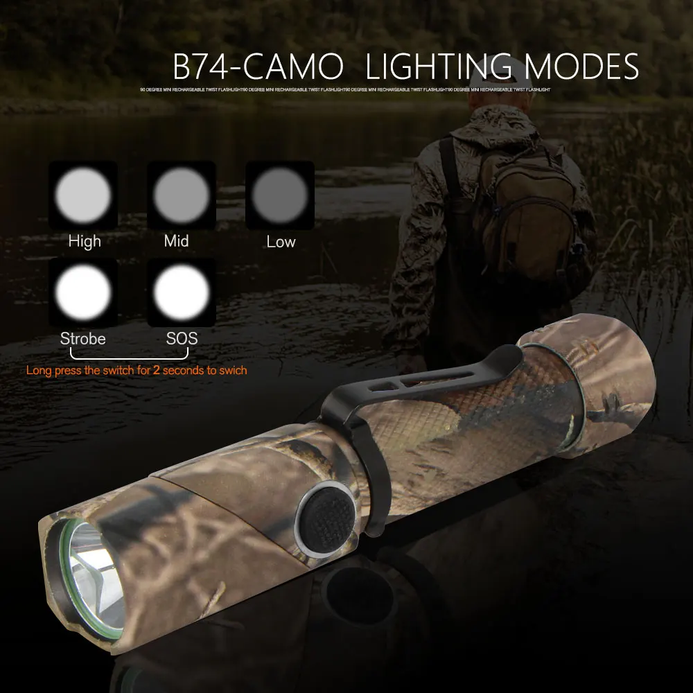 NICRON 3-Color Light 90 Degree Camo Rechargeable Twist Flashlight With 360 Rotary Clip 18650 Waterproof 1200LM LED Torch B70Plus