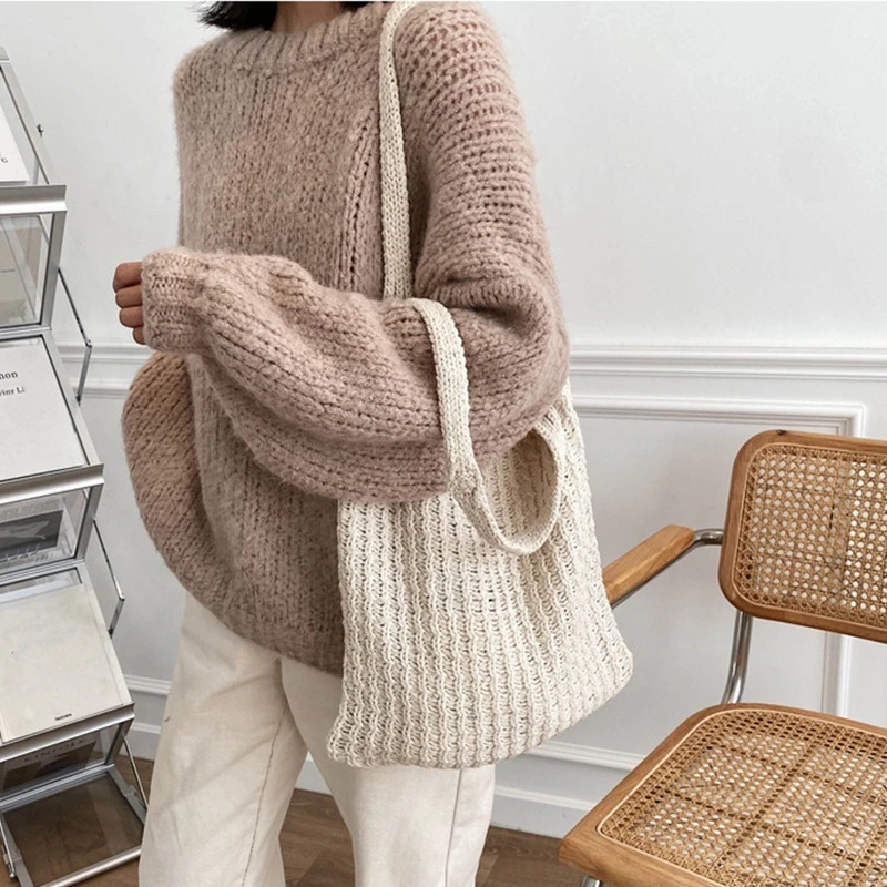 Vintage Knitted Hobo Bag Vintage Large Tote Clutch Bag Solid Color Shoulder Bag Fashion Large Capacity Shopping Bag