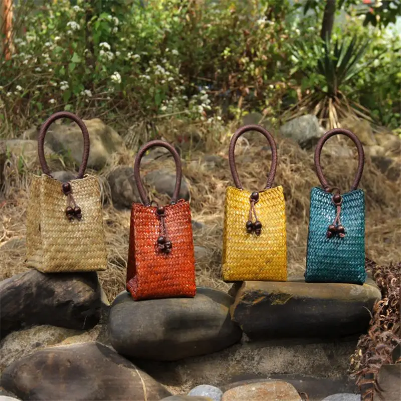 12X15 ซม.Retroญี่ปุ่นHandmade Straw Bag Miniถักผู้หญิงชาเก็บถักกระเป๋าถือA6100