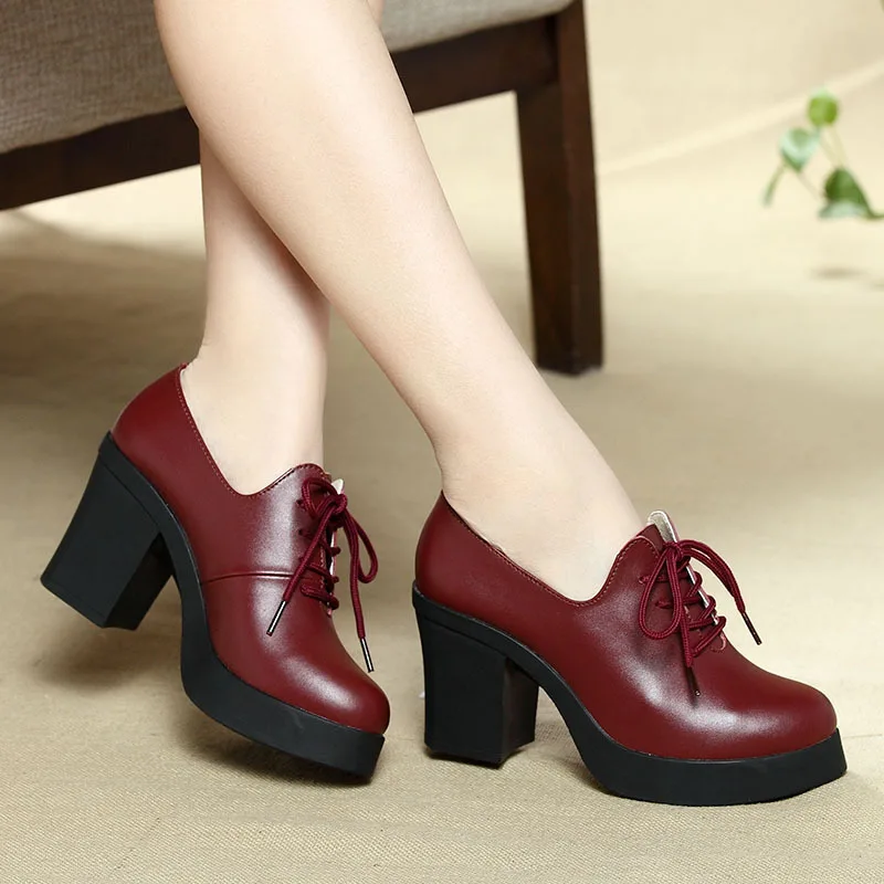 New Women Pumps Shoes PU Leather Elegant Pointed Toe Lace-Up 8cm&5cm Thick High Heel Shallow Solid Casual Female Shoes Plus Size