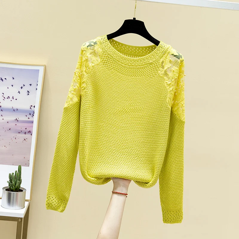 2021 spring round neck thin cut loose top women's sweater Pullover lace long sleeve knitted bottomcoat fashion