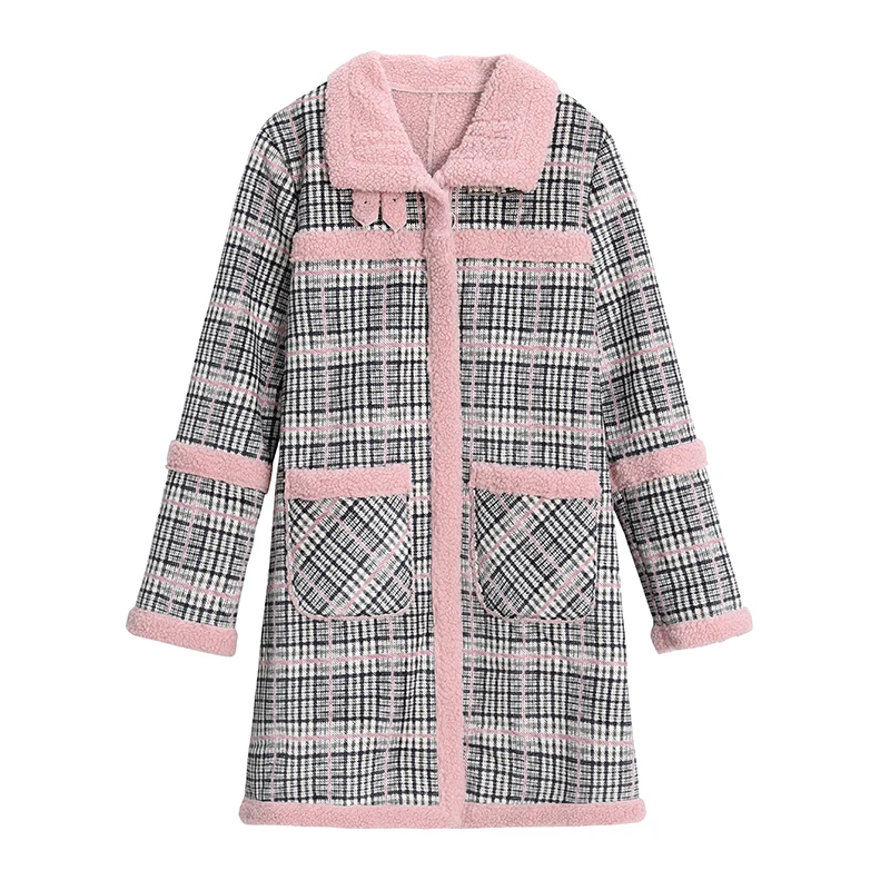 

Lattice Lamb wool coat women Autumn Winter clothing New Loose size women warm Plush female jacket Long sleeve Cotton Outerwear