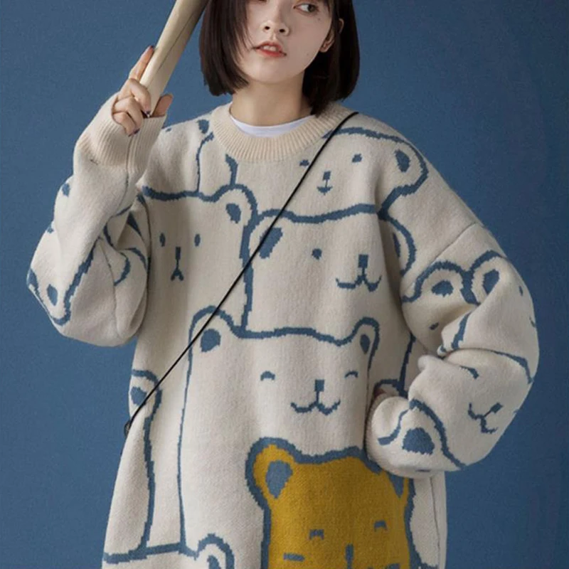 Autumn Winter Bear Print O-neck Long Sleeve Pullover Knitted Korean Couples Loose Knitted Sweater Casual Warm Oversized Sweater