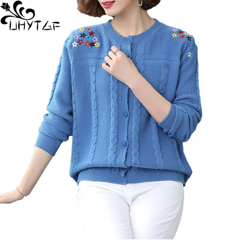 UHYTGF Sweaters Womens Fashion Embroidered Cashmere Knitted Spring Cardigan Jacket Female Single-Breasted Casual Short Coat 1876