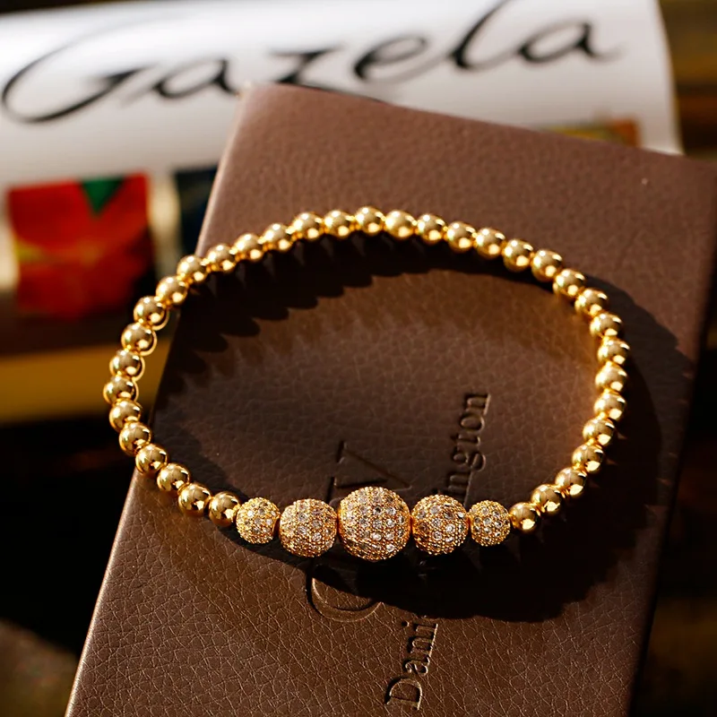 2020 Classic Gold Color Ball Copper Beaded Bracelet For Men Luxury White CZ Handmade Bracelet Women Jewelry