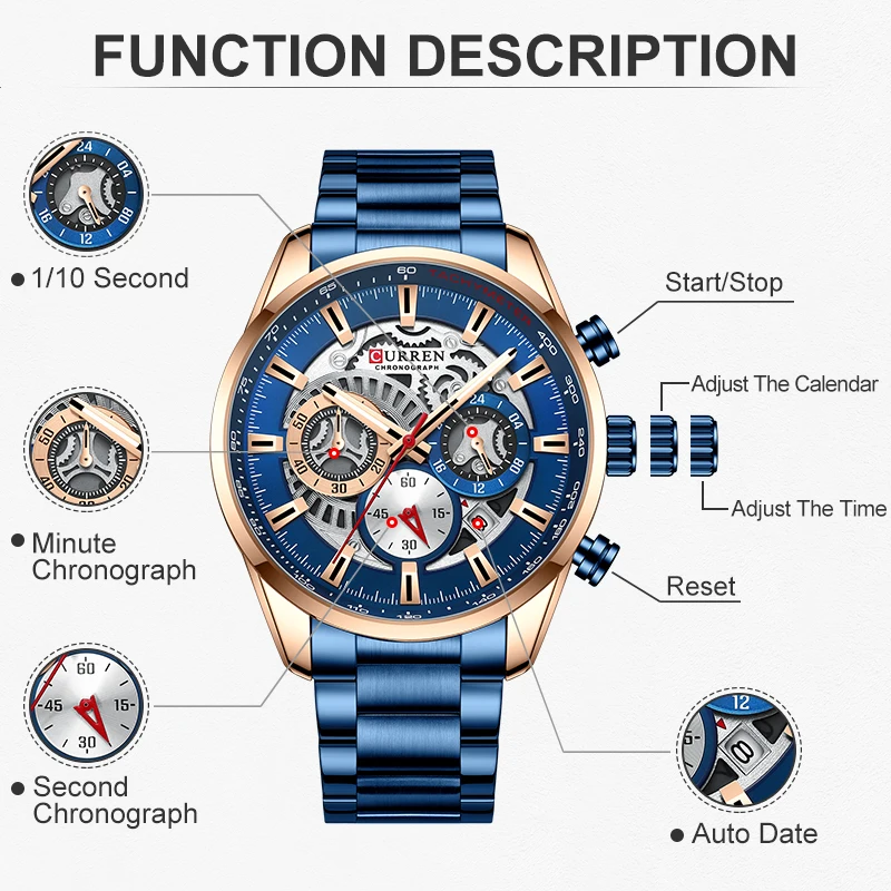 2021 New CURREN Mens Watches Top Brand Fashion Business Waterproof Chronograph Quartz Watch Men Stainless Steel Sport Clock Male