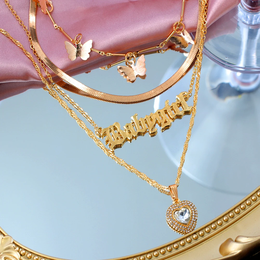 4Pcs Gold Color Multilayer Necklace Jewelry Butterfly Letter Crystal Heart Pendants Choker Chain Trendy Boho New Necklace Gifts