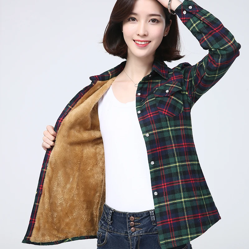 2023 Winter New Women\'s Warm Plaid Shirt Coat Casual Fleece Velvet Plus Thicke Tops Brand College Style Woman Clothes Outerwear