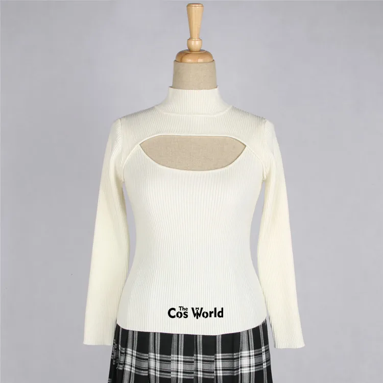 Tops de punto de manga larga para otoño e invierno, jerseys de cuello alto, Sexy, con pecho abierto a rayas, suéteres de Cosplay