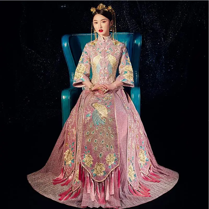 Traditional Chinese style bride wedding dress toast antique Cheongsam Vintage Pink Elegent Modern Asian Wedding Thin Clothing