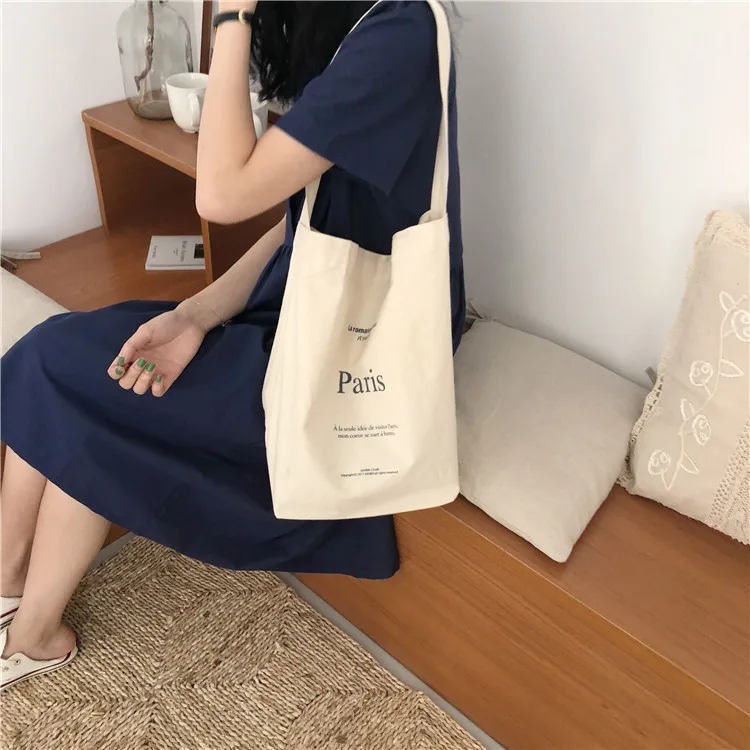 Women\'s Canvas Shoulder Bag Letters Printing Ladies Casual Handbag Totes Reusable Cotton Cloth Large Shopping Travel Beach Bag