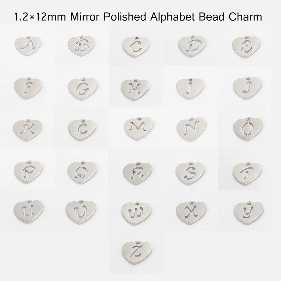 26pc 3Colors 10mm Stainless steel Mirror Polished Beads English Alphabet Letter A-Z  Hollow Heart Letter Tag DIY Jewelry Finding