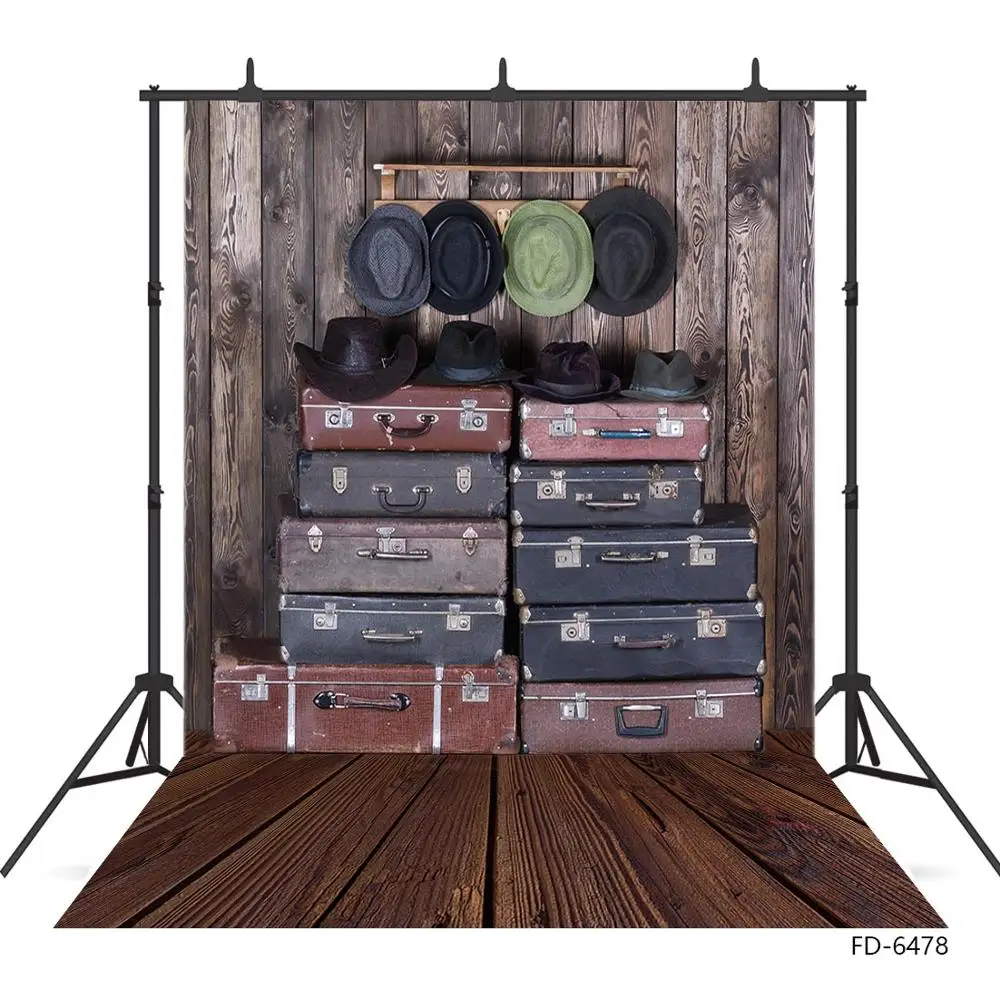 Suitcase Hat Wooden Wall Floor Photo Backdrop Vinyl Cloth Background for Children Baby Portrait Photophone Photography Props