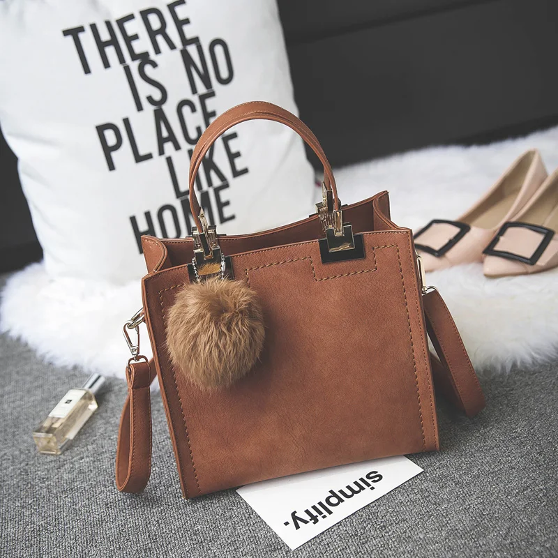 Women Bag Messenger Bag Handbag Casual Tote Bag Female Large Shoulder High Quality Suede Leather Handbag with Fur Ball