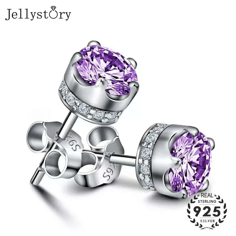 Jellystory Elegant Stud Earrings for Women 925 Silver Jewelry with Amethyst zircon gemstone Earring Wedding Party Gift Wholesale