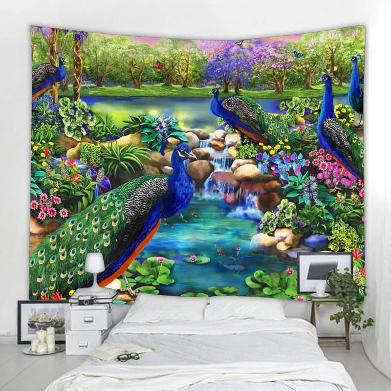 Jungle Bird Art Tapestry Psychedelic Scene Home Decor Art Wall Hanging Hippie Boho Aesthetic Room Decor Home Wall Decor Yoga Mat