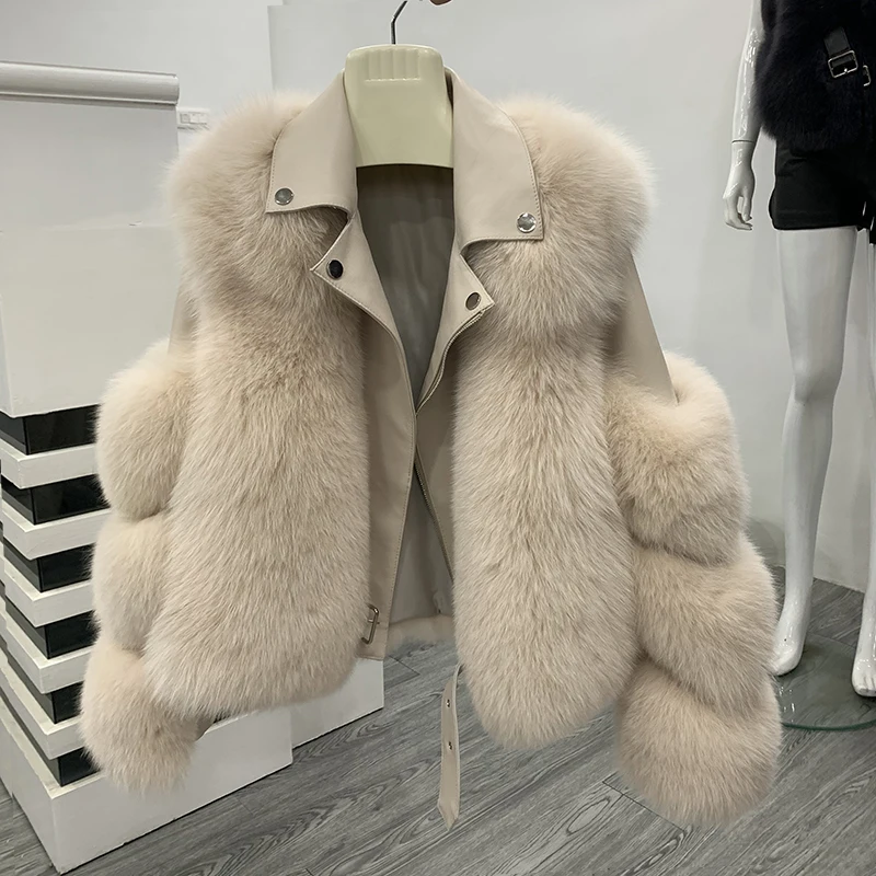 

ZDFURS* 2019 Winter New Style Aviator Fashion Fox Fur Jacket Woman Genuine Leather Natural Fur Coat with belt