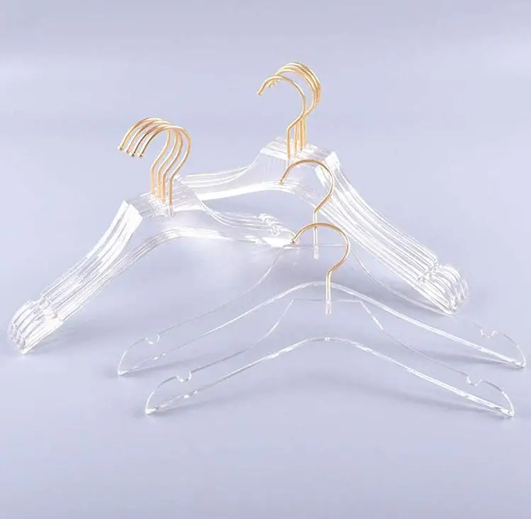 Luxury Clothes Hangers Clear Acrylic Dress Hangers with Gold Hook Transparent Shirts Holders with Notches for Lady Kids SN3452