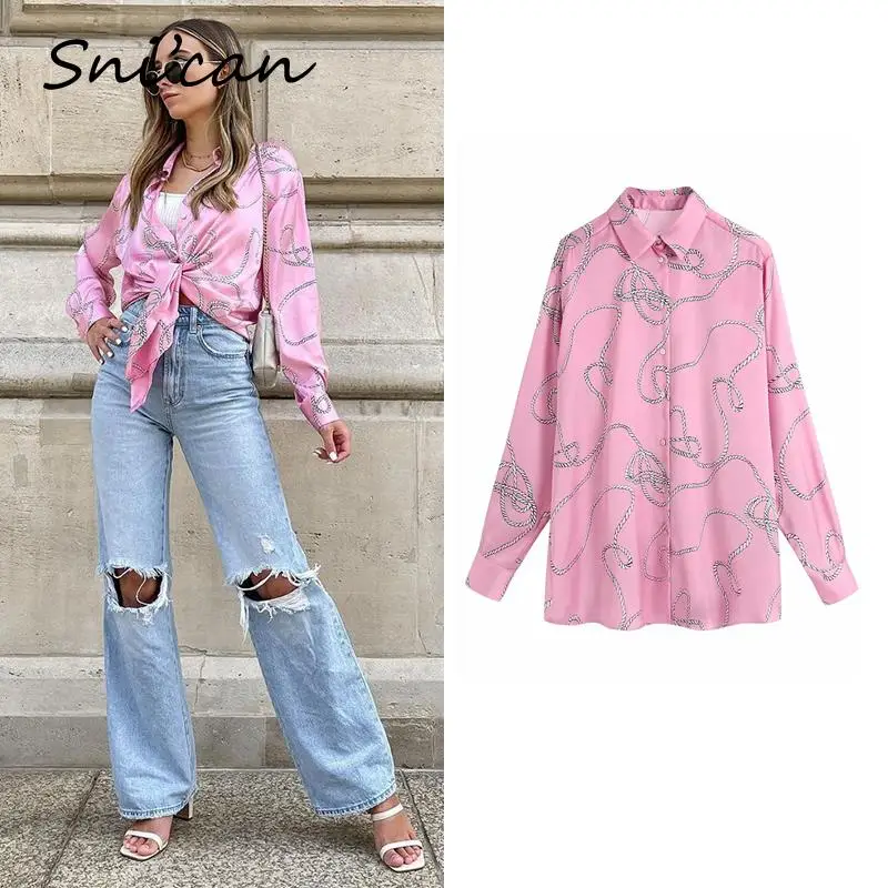 Blue Chain Office Ladies Blouse Fashion Summer basic Satin Shirts Oversized Za Women Tops Blusas Feminina Sobrecamisa Mujer New