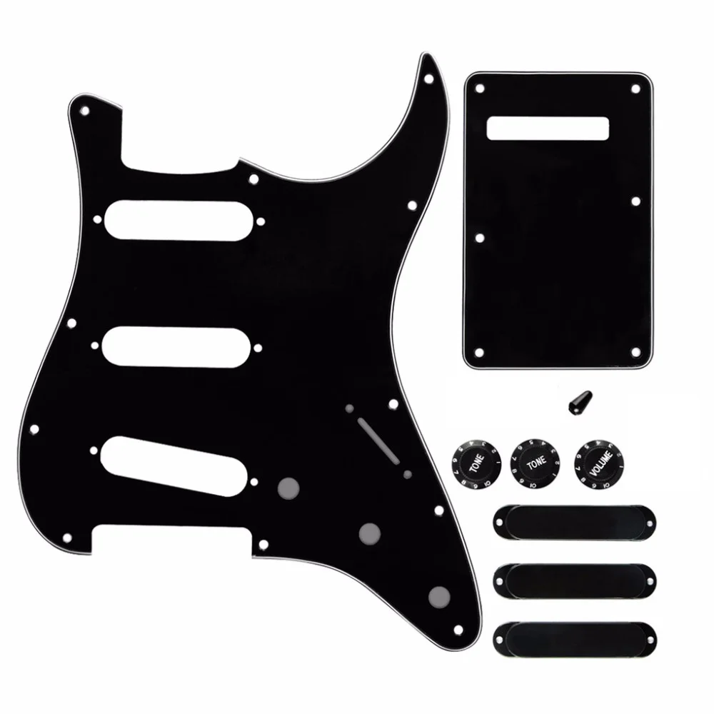 

Black 3 ply 11 holes ST SSS Pickguard Guitar Pickguard Set with Black Pickup Covers,Knobs,Switch Tip Guitar Accessories