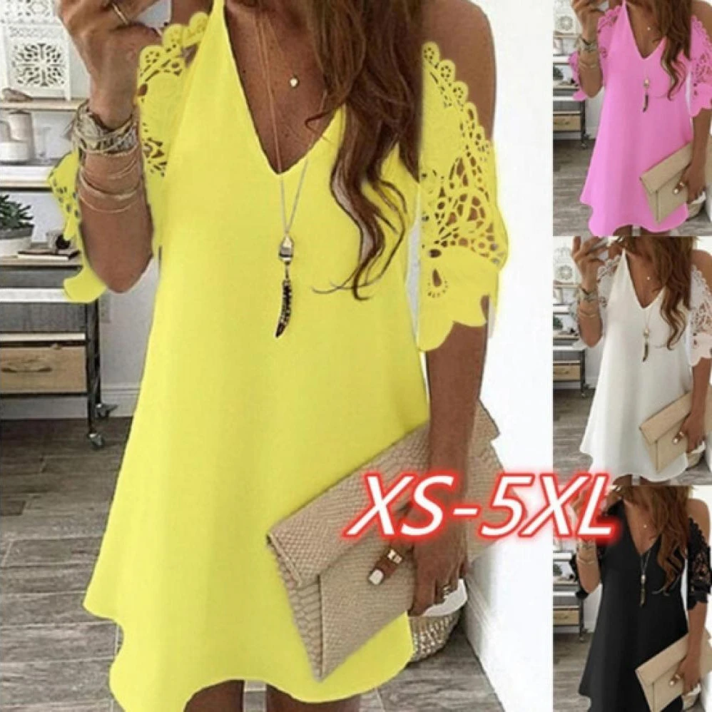 

Vintage Sexy Mini Dress Women Summer Lace Solid Color Dress Casual Loose Party Dress V-Neck Sling Sundress Vestidos