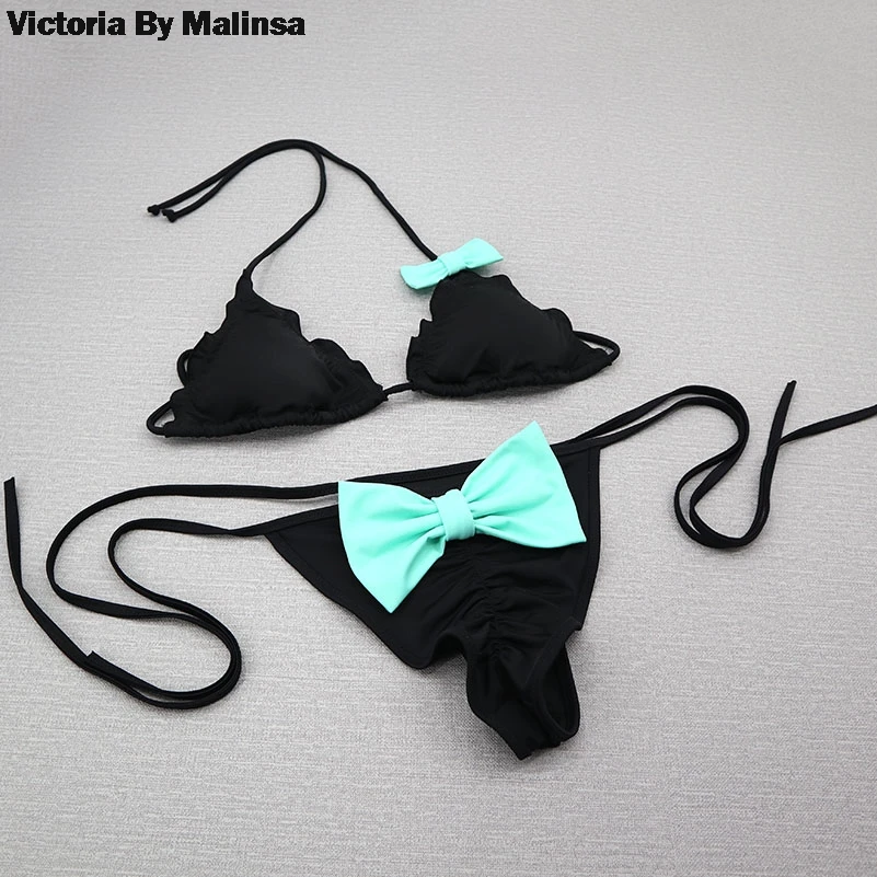 Summer Women Bow Triangle Bikini Set Black Secret Swimsuit Biquini Thong Bottom brazilian Bathing Suit Cheeky Swimwear