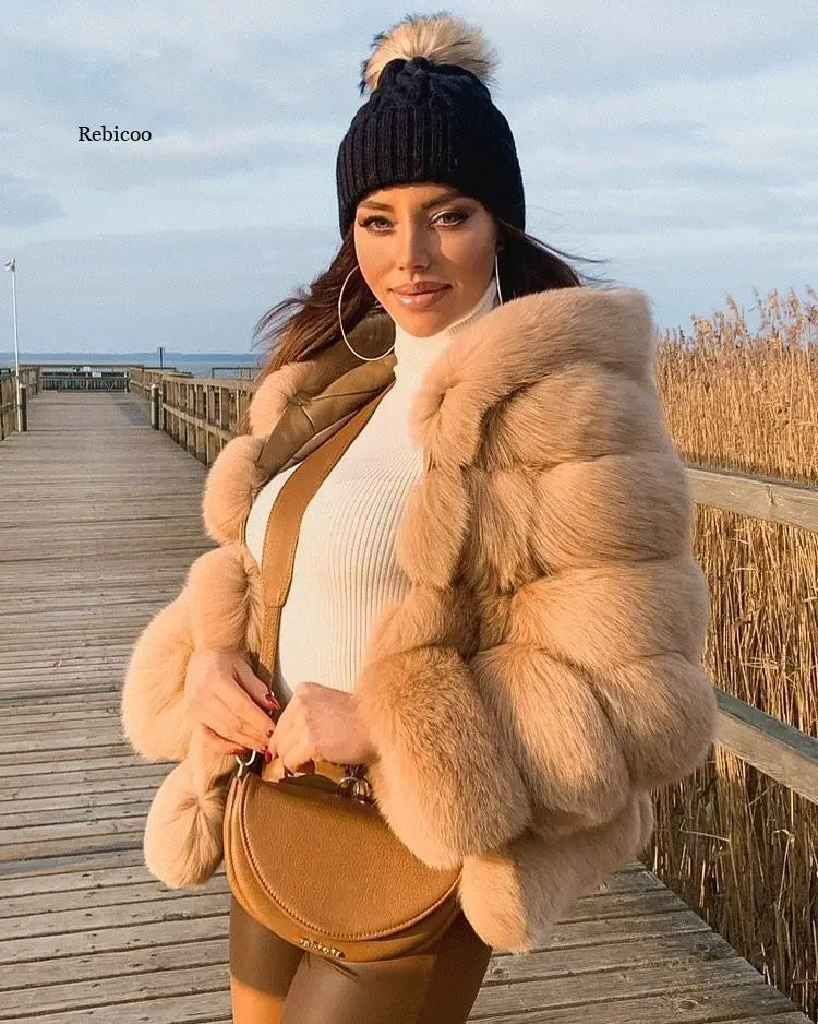 Winter Thick Warm Faux Fur Coat Women  Hooded Long Sleeve Faux Fur Jacket Luxury Winter Fur Coats