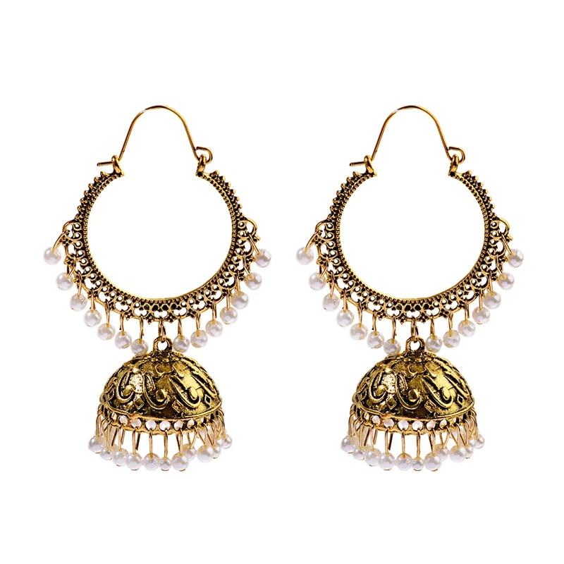 Women\'s Ethnic Retro Round Indian Jhumka Earrings Classic Vintage White Beads Tassel Earrings Wedding Jewelry Bijoux