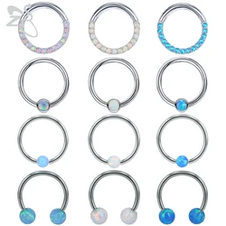 ZS 1PC Blue Opal Hoop Nose Ring For Women Men 8MM Stainless Steel Septum Clicker Ear Helix Cartilage Tragus Piercing Jewelry 16g