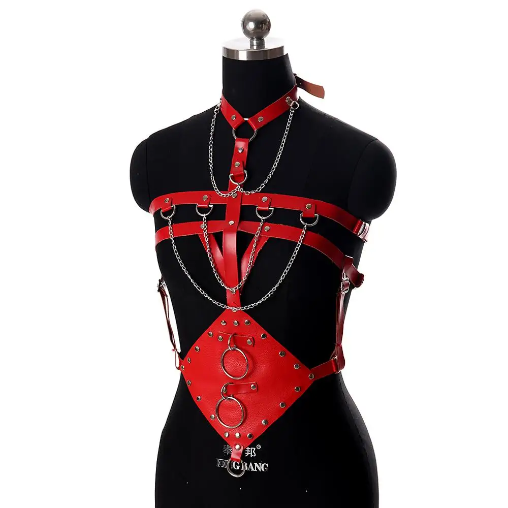 Red Lingerie Leather Harness Belt Chain Punk Fashion Street Bondage Top Chest Pentagram Sexy Suspender Adjustable Club Dance